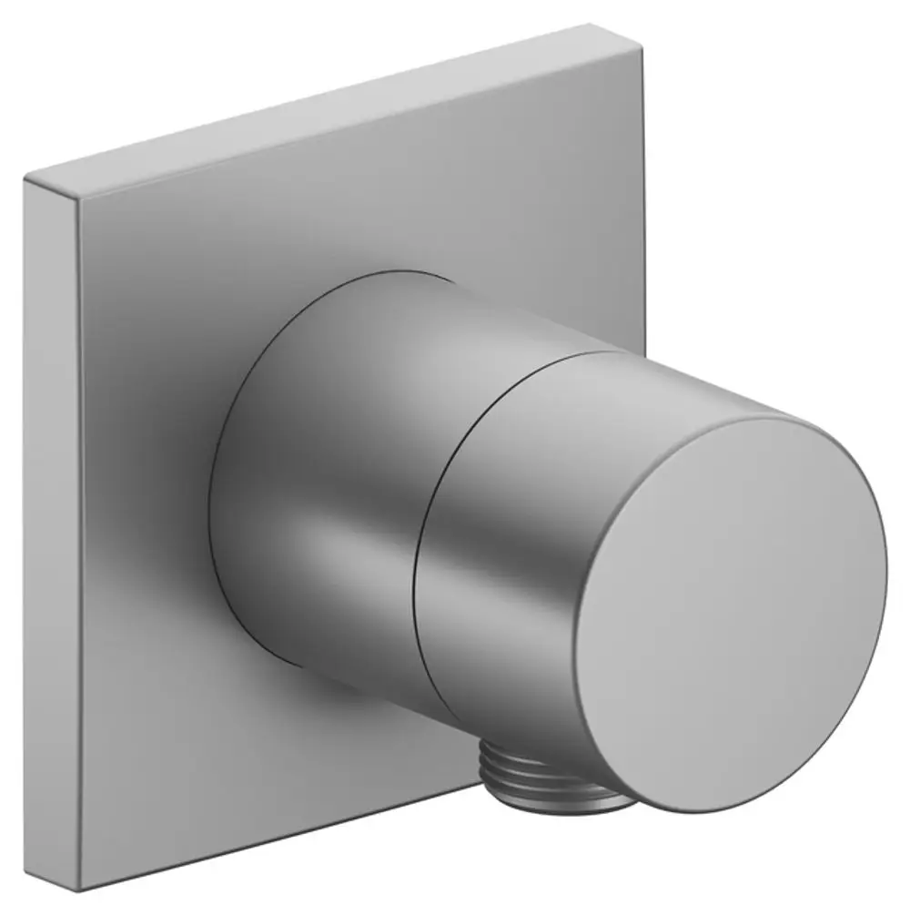 Absperrventil mit eckigem Design und Schlauchanschluss in Aluminum-Finish, hergestellt von Keuco. Montiert an einer Wandplatte.